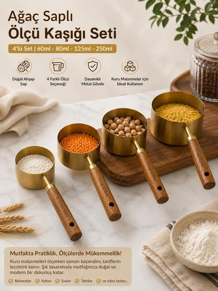 Premium 4 Parça Metal Ölçü Kabı Cup Seti Ahşap Saplı Kahve Baharat ve Bakliyat Ölçü Kaşığı ürün görseli 1