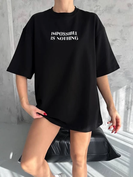 kadın Bisiklet Yaka Baskılı Oversize  Kısa kol T-Shirt - Siyah ürün görseli 1