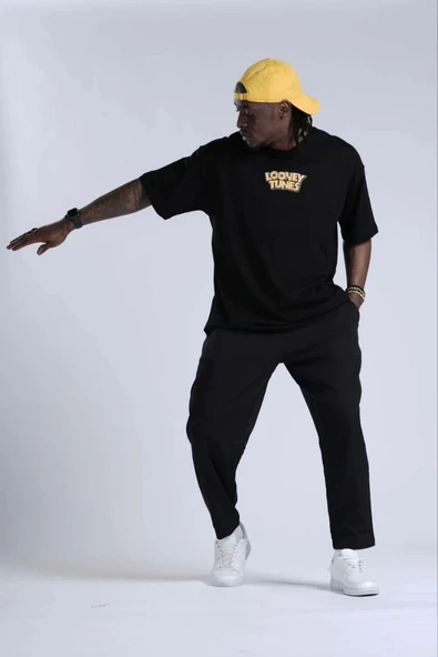 Erkek Kısa Kol Yazlık Tişört Bisiklet Yaka Baskılı Oversize T-Shirt - Siyah ürün görseli 1