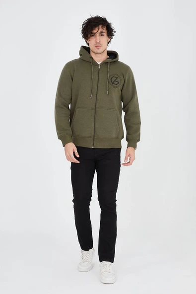 Erkek 3 İplik Pamuklu Fermuarlı Kapüşonlu Kanguru Cepli Baskılı Hoodie Hırka Sweatshirt - Yeşil ürün görseli 1