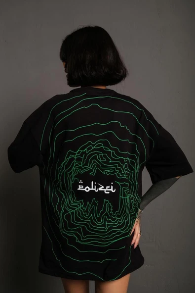 Kadın Bisiklet Yakalı Sırt Baskılı Oversize Kısa kol T-Shirt - Siyah ürün görseli 1