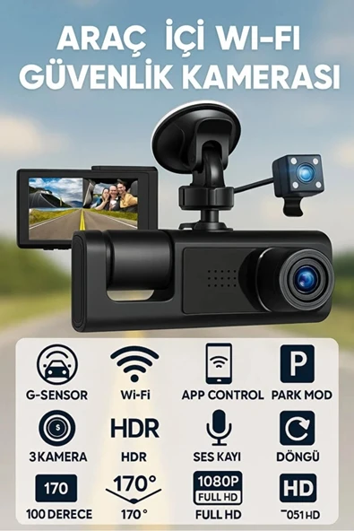 Full HD 3 Kameralı Araç Kamerası Ön İç Arka Kayıt ve Gece Görüşlü G Sensörlü Geniş Açılı ürün görseli 1