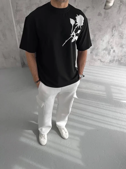 Erkek Kısa Kol Tişört Bisiklet Yaka GÜL Baskılı Oversize T-Shirt - Siyah ürün görseli 1