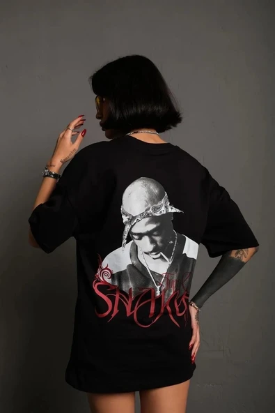 Kadın Baskılı T-Shirt Oversize Kısa kol Bisiklet yaka tişort- Siyah ürün görseli 1