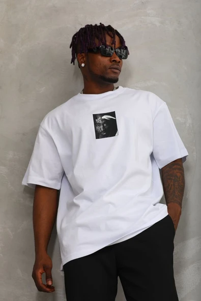 Erkek Kısa Kol Yazlık Tişört Bisiklet Yaka Baskılı Oversize T-Shirt - Beyaz ürün görseli 1
