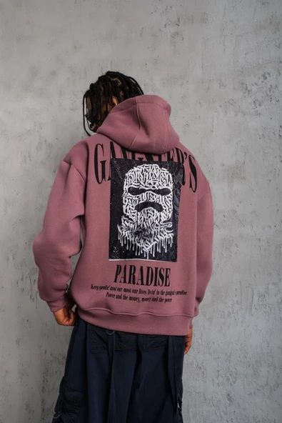 Erkek 3 İplik Pamuklu Kapüşonlu Baskılı Cepli Oversize Sweatshirt Hoodie - Gül Kurusu ürün görseli 1