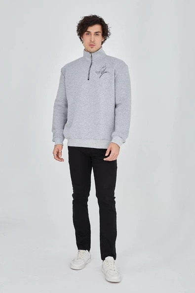 Erkek Yarım Fermuarlı Baskılı 3 iplik pamuklu sweatshirt - Gri ürün görseli 1