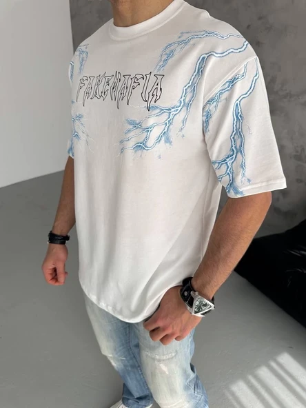 Erkek Bisiklet Yaka Tişört Yıldırım Şimşek Baskılı Kısa Kol T-Shirt - Beyaz ürün görseli 1