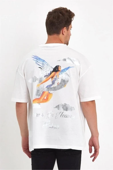 Erkek Kısa Kol Tişört Bisiklet Yaka MELEK Baskılı Oversize T-Shirt - Beyaz ürün görseli 1