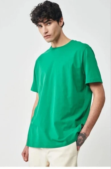 Erkek Düz Penye Tişört Bisiklet Yaka Kısa Kol Regular Fit T-Shirt - Yeşil ürün görseli 1