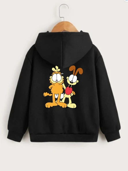 Çocuk Unisex Kapüşonlu Ön ve Arka Garfield Baskılı Sweatshirt - Siyah ürün görseli 1