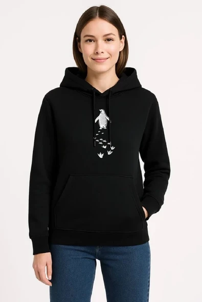 Kadın 3 İplik Pamuklu Kapüşonlu Hoodie Sweatshirt Nihilist Penguen Baskılı - Siyah ürün görseli 1