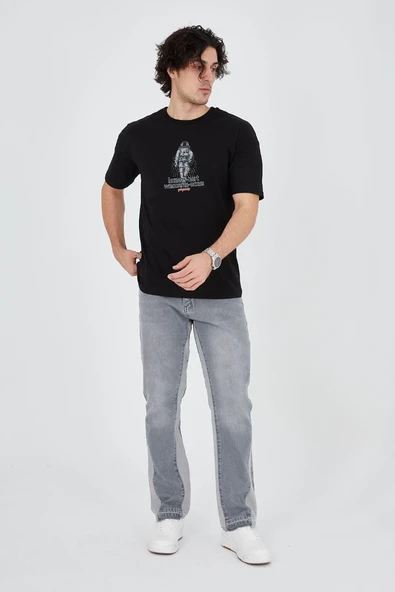 Erkek Baskılı T-Shirt Kısa Kol Bisiklet Yaka Regular Fit Rahat Kalıp Günlük Tişört - Siyah ürün görseli 1