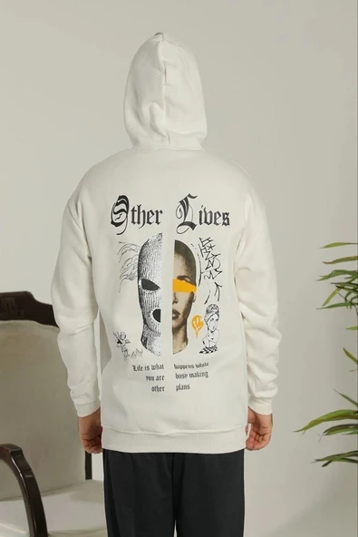 Erkek 3 İplik Pamuklu Kapüşonlu Baskılı Cepli Oversize Sweatshirt Hoodie - Beyaz ürün görseli 1