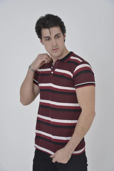 Erkek Polo Yaka tişört Slim Fit Dokuma Çizgili Kısa kol T-Shirt - Bordo ürün görseli 1