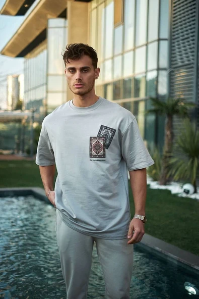 Erkek Kısa Kol Yazlık Tişört Bisiklet Yaka Baskılı Oversize T-Shirt - Boyalı Gri ürün görseli 1