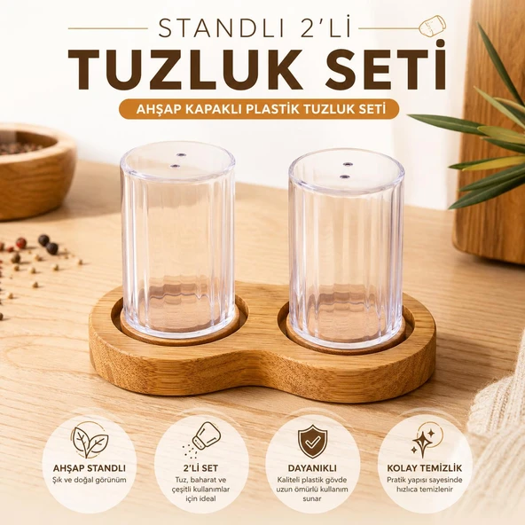Ahşap Standlı 2'li Tuzluk Seti - Ahşap Kapaklı Şeffaf Plastik Baharatlık ürün görseli 1