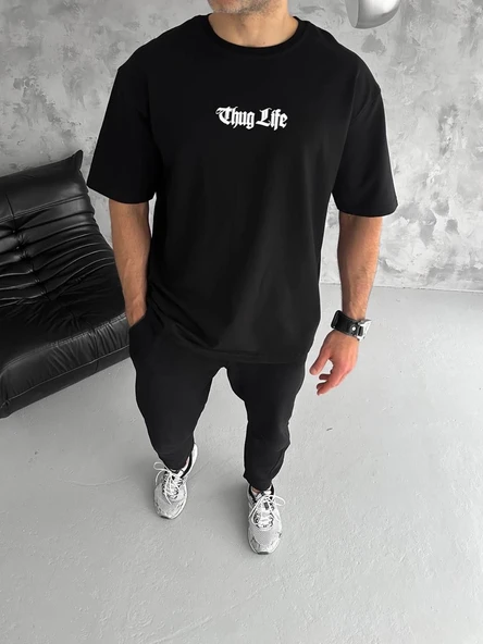 Erkek Kısa Kol Yazlık Tişört Bisiklet Yaka Baskılı Oversize T-Shirt - Siyah ürün görseli 1