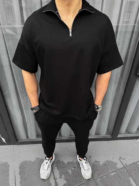 Erkek Yarım Fermuarlı Kısa kol T-Shirt - Siyah ürün görseli 1