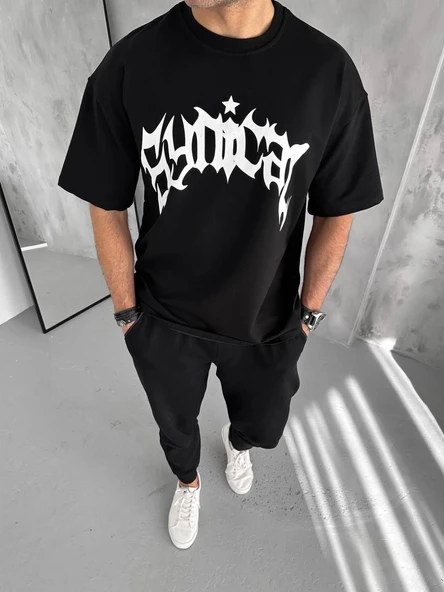 Erkek Tişört Bisiklet Yaka Baskılı Oversize Kısa kol T-Shirt - Siyah ürün görseli 1