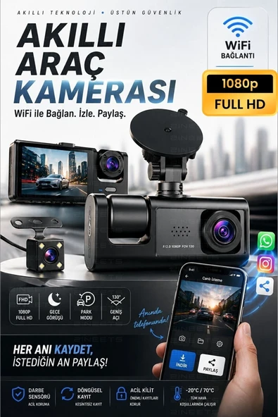 WiFi 1080p 3 Kameralı Araç İçi Kamera LCD Ekranlı Gece Görüşlü G Sensörlü Geniş Açılı ürün görseli 1