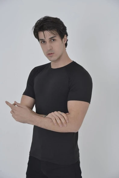 Erkek Omuz Fileli T-Shirt Kısa Kol Bisiklet Yaka Slimfit Tişört   - Siyah ürün görseli 1