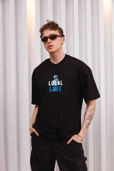 ERKEK Bisiklet Yaka Baskılı Oversize Kısa kol T-Shirt - Siyah ürün görseli 1