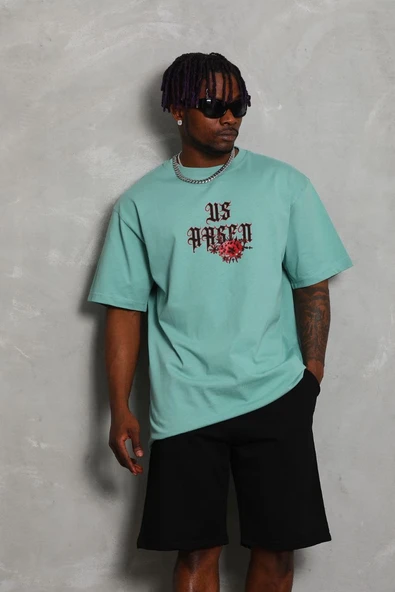 Erkek Baskılı Tişört Kısa Kol Bisiklet Yaka Oversize T-Shirt - Mint Yeşili ürün görseli 1