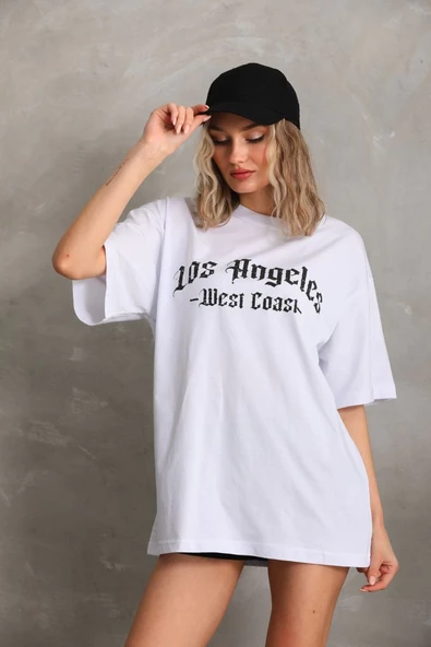 Kadın Baskılı Tişört Kısa Kol Bisiklet Yaka Oversize T-Shirt - Beyaz ürün görseli 1