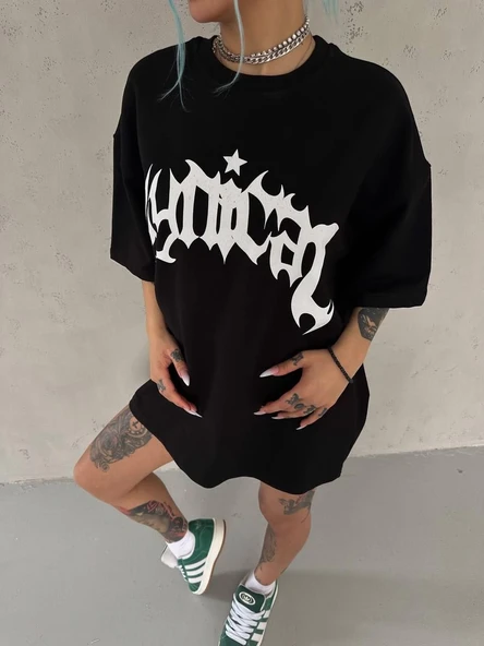 kadın Bisiklet Yaka Baskılı Oversize Kısa kol  T-Shirt - Siyah ürün görseli 1