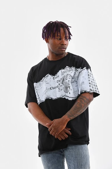 Erkek  Bisiklet Yaka Baskılı Oversize T-Shirt - Siyah ürün görseli 1