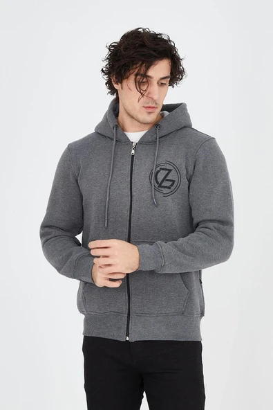 Erkek 3 İplik Pamuklu Fermuarlı Kapüşonlu Kanguru Cepli Baskılı Hoodie Hırka Sweatshirt - Füme ürün görseli 1