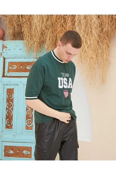 Erkek Bisiklet Yaka Tişört Nakış İşlemeli Kısa Kol Oversize T-Shirt - Yeşil ürün görseli 1