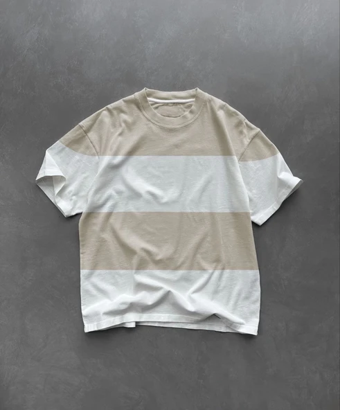 Erkek  Kısa kol  Bisiklet Yaka Parçalı T-Shirt - Bej ürün görseli 1