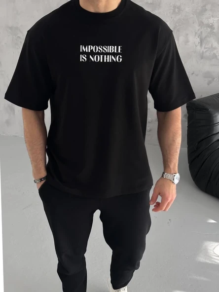 ERKEK Tişört Bisiklet Yaka Baskılı Oversize Kısa kol T-Shirt - Siyah ürün görseli 1