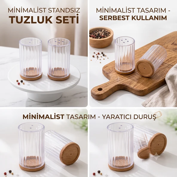 Ahşap Kapaklı 2'li Tuzluk Seti - Şeffaf Plastik Baharatlık Karabiberlik ürün görseli 1