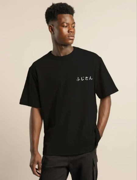 Erkek Kısa Kol Yazlık Tişört Bisiklet Yaka Baskılı Oversize T-Shirt - Siyah ürün görseli 1