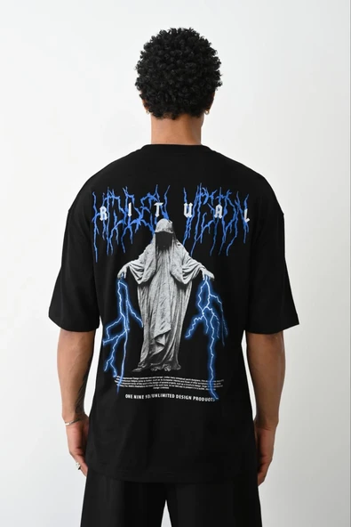 Erkek Baskılı Oversize  Kısa kol T-Shirt - Siyah ürün görseli 1