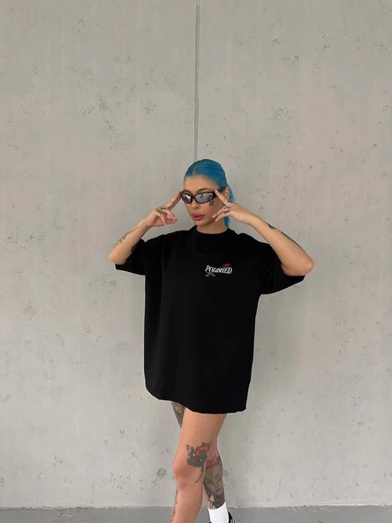 Kadın Bisiklet Yaka Baskılı kısa kol Oversize T-Shirt - Siyah ürün görseli 1