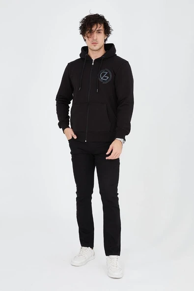 Erkek 3 İplik Pamuklu Fermuarlı Kapüşonlu Kanguru Cepli Baskılı Hoodie Hırka Sweatshirt - Siyah ürün görseli 1