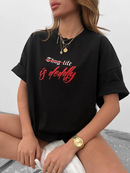 kadın Bisiklet Yaka Baskılı Oversize  Kısa kol T-Shirt - Siyah ürün görseli 1