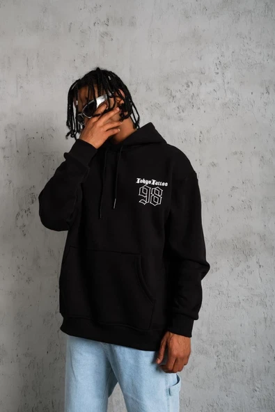 Erkek 98 Baskılı Kapüşonlu 3 iplik pamuklu hoodie Sweatshirt - Siyah ürün görseli 1
