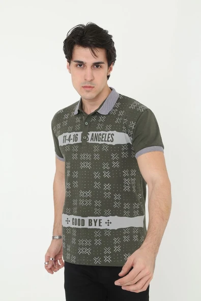 Erkek Polo Yaka tişört Slim Fit Baskılı Kısa kol T-Shirt - Haki ürün görseli 1