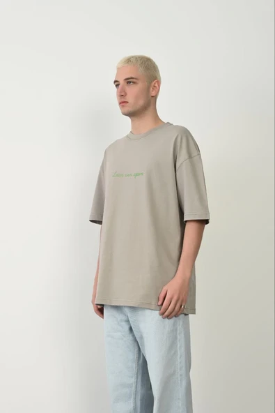 Erkek Baskılı T-Shirt Kısa Kol Bisiklet Yaka Rahat Kalıp Tişört  - Boyalı Gri ürün görseli 1
