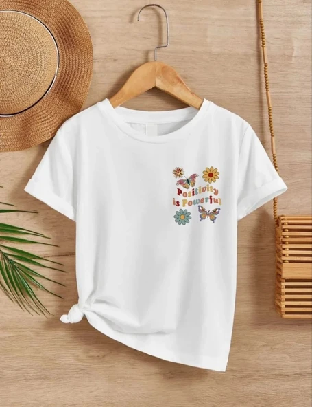 Kız Çocuk Bisiklet Yaka Baskılı T-Shirt - Beyaz ürün görseli 1