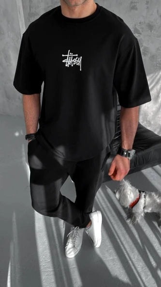 Erkek Kısa Kol Yazlık Tişört Bisiklet Yaka Baskılı Oversize T-Shirt - Siyah ürün görseli 1