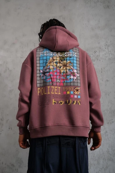 Erkek 3 İplik Pamuklu Kapüşonlu Baskılı Cepli Oversize Sweatshirt Hoodie - Gül Kurusu ürün görseli 1