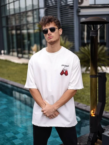 Erkek Kısa Kol Tişört Bisiklet Yaka Boxy Eldiven Baskılı T-Shirt - Beyaz ürün görseli 1