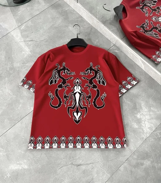 Erkek  Kısa kol Bisiklet Yaka Baskılı Oversize T-Shirt - Kırmızı ürün görseli 1