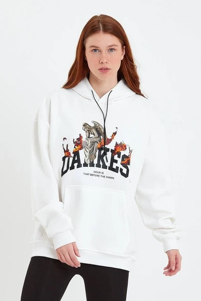 Kadın Oversize Kapüşonlu Cepli Baskılı 3 İplik Pamuklu Hoodie Sweatshirt - Beyaz ürün görseli 1